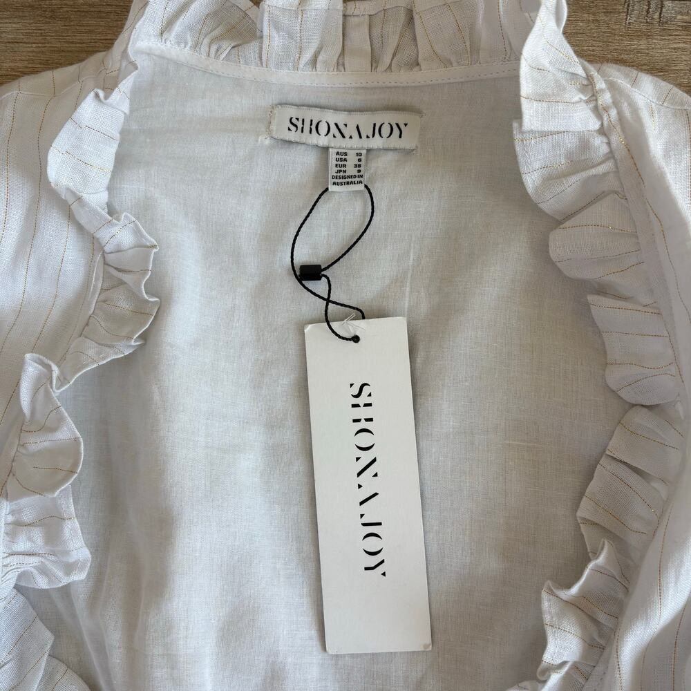 Shona Joy Holden Wrap Dress White Gold Lurex Linen Size 6 - Picture 3 of 8